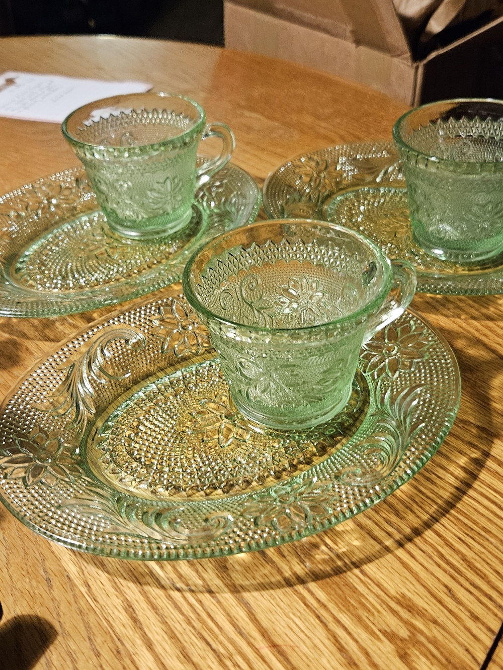 Vintage-Style Green Pressed Glass Tea Cup & Saucer Set Tiaria Glass - 6 Piece